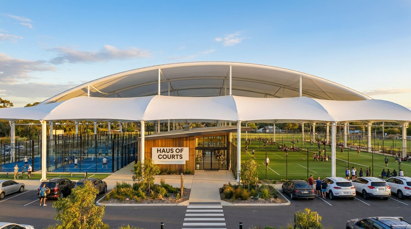 A covered outdoor padel, tennis and futsal complex at golden hour
